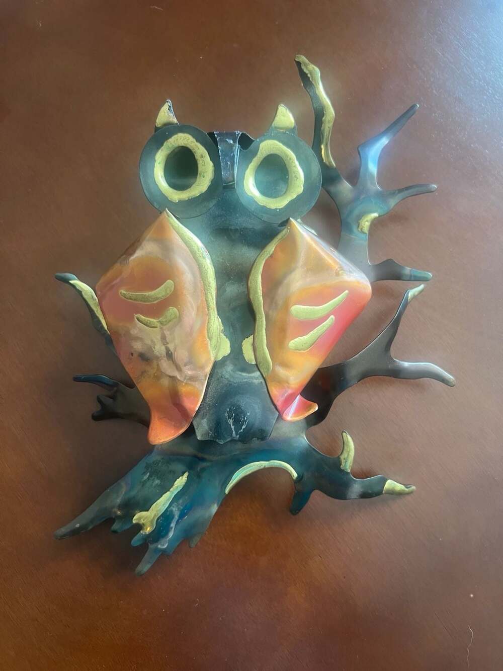 Vintage Mid-Century Brutalist Metal Owl on Branch Wall Art Sculpture